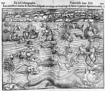 Meri- ja maanpäälliset hirviöt, kuvitus Cosmographia Universalisista, kirjoittanut Sebastian Munster (1489-1552) tekijältä Sebastian Munster