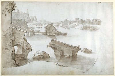 Tiber-näkymä Ponte Rotton (Aventinen yläpuolella), Marmoratan ja Ripa Granden raunioilla (kynä ja ruskea muste ruskealla ja harmaalla pesulla valkoisella paperilla) tekijältä Sebastian Vrancx