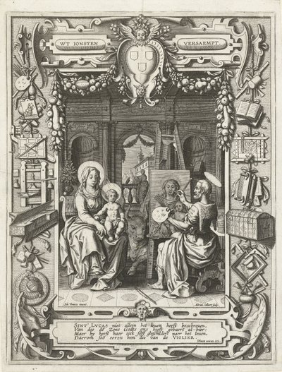 Pyhän Luukkaan killan vaakuna Pyhän Luukkaan maalauksella Madonna ja lapsi, 1620-21 tekijältä Sebastian Vrancx