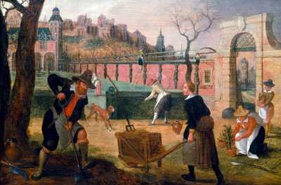 Puutarhurit työssään kaupungin laitamilla sijaitsevassa virallisessa puutarhassa. Sebastian Vrancxin (1573-1647) maalaus. Yksityiskokoelma. tekijältä Sebastian Vrancx