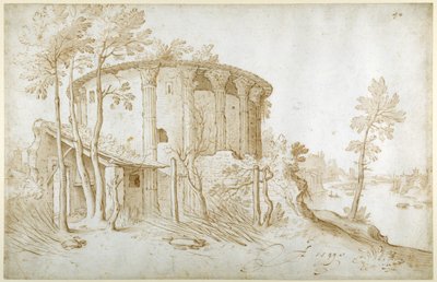 Vestan temppeli Forum Boariumissa pohjoisesta katsottuna, Tiber oikealla, n. 1650 (kynä ja muste pesulla paperille) tekijältä Sebastian Vrancx