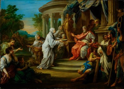 Vestaneito Tuccia Numa Pompiliuksen edessä (maalaus kankaalle) tekijältä Sebastiano Conca