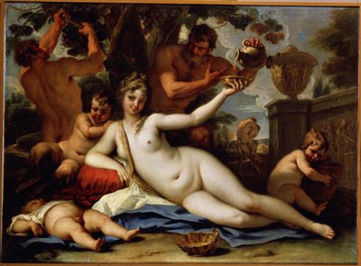 Bacchante et satyres (Bacchante ja Satyrs). Satyrit poimivat rypäleet viiniköynnöksestä ja tarjoilevat punaviiniä bacchantelle, makuulle asettuneelle naisalastolle. Sebastiano Riccin (1659-1734) maalaus, noin 1713. Venetsialaista taidetta. Öljy kankaalle.  tekijältä Sebastiano Ricci