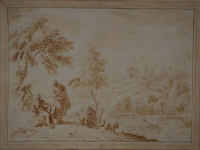 Laaja pastoraalinen maisema Hill-townilla, n. 1720 (ruskea muste ja pesu) tekijältä Sebastiano Ricci