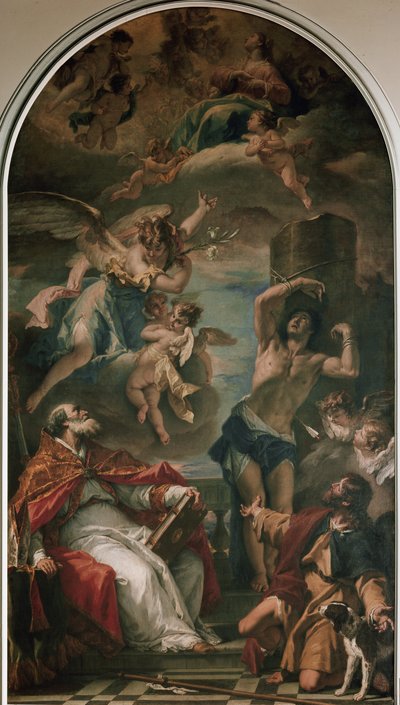 Neitsyt kirkkaudessa arkkienkeli Gabrielin, Pyhän Eusebiuksen, Pyhän Sebastianin ja Pyhän Rochin kanssa (öljy kankaalle tekijältä Sebastiano Ricci