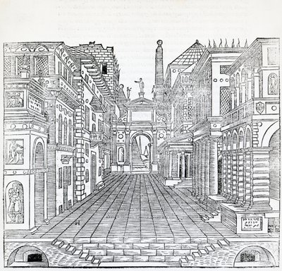Taikakohtaus, teatterikohtaussuunnittelu Sebastiano Serlion (1475-1554), kuvitus Arkkitehtuuria käsittelevästä traktaatista, kirja II tekijältä Sebastiano Serlio
