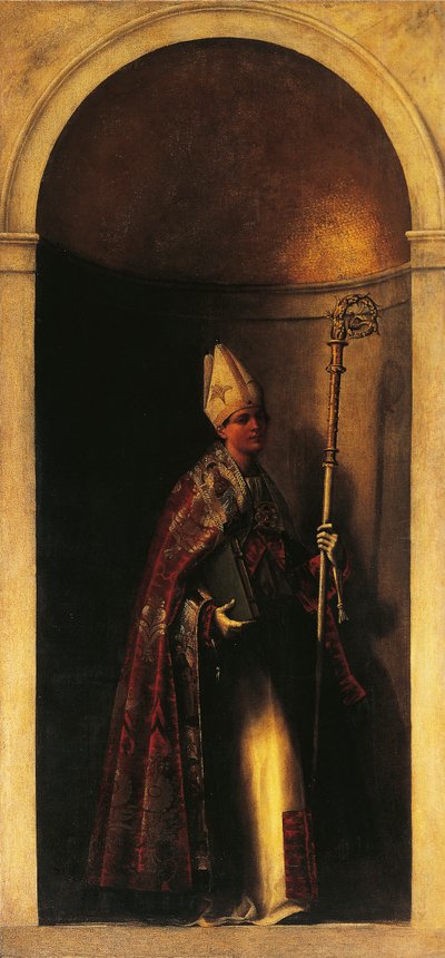 Saint Louis of Toulouse, koristelu urkuovesta, n. 1509, Sebastiano del Piombo (n. 1485-1547), öljy kankaalle, 293x137 cm, San Bartolomeon kirkko, Venetsia, Italia tekijältä Sebastiano del (c.1485 1547) Piombo