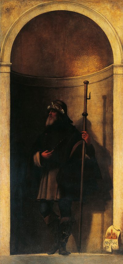 St Sinibald, koristelu urkuovesta, n. 1509, Sebastiano del Piombo (n. 1485-1547), öljy kankaalle, 293x137 cm, San Bartolomeon kirkko, Venetsia, Italia tekijältä Sebastiano del (c.1485 1547) Piombo