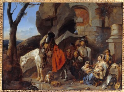 Sotilaiden pysähdys, aiemmin nimeltään Halte de bohemiens Sebastien Bourdonin (1616-1671) maalaus 1600-luvun aurinko. 0,43x0,58 m tekijältä Sébastien Bourdon