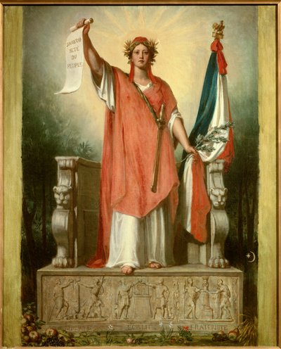 Tasavalta. Tasavallan henkilöitymä (Marianne) kantaa pergamenttia, johon on kirjoitettu "kansan suvereniteetti" ja kolmivärilippua. Sebastien Cornun (1804-1870) maalaus tekijältä Sebastien Melchior Cornu