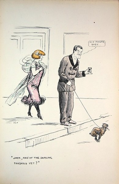 Pariskunta odottaa koiran lopettamista, n. 1921 (väri litho) tekijältä Sem