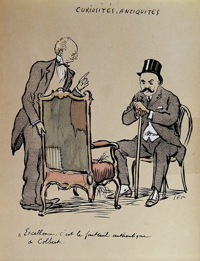 Rikas taidekeräilijä tarkastaa tuolia, jonka väitetään olleen Colbertin omistuksessa. n.1919 (värilitro) tekijältä Sem