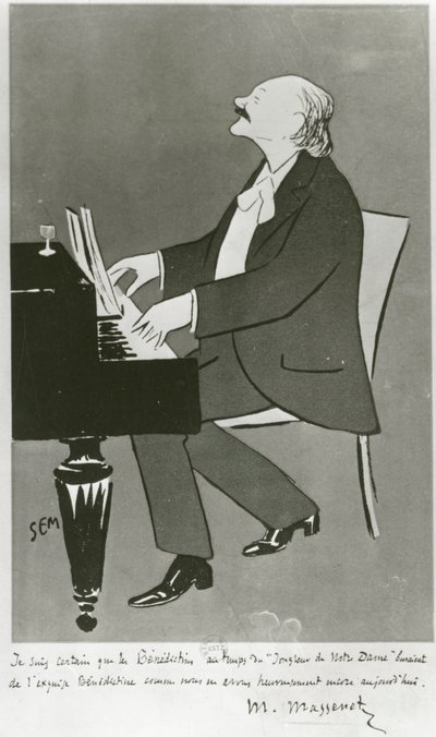 Ranskalainen säveltäjä Jules Massenet soittaa (piirustus) tekijältä Sem