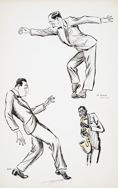 Kaksi mustaan solmioon pukeutunutta herrasmiestä esittää La Danse Havasin saksofonille, White Bottoms, pub. 1927 (värikuvio), White Bottoms, pub. 1927 (värikuvio) tekijältä Sem