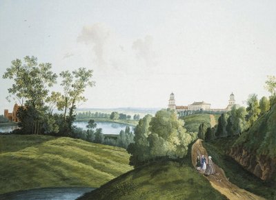 ""Maisema maatilalla Tsarskoje Selon puistossa"", kirjoittanut Semjon Fjodorovitš Shchedrin (Semion Chtchedrine) (1745-1804). Guassi ja muste paperille tekijältä Semen Fedorovich Shchedrin