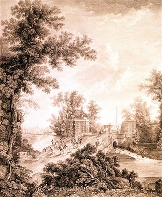 Näkymä Connetable-obeliskista Gatšinassa, kaivertaja Ivan Dmitrijevitš Telegin (s.1779), noin 1800 (kaiverrus ja kaiverrus). tekijältä Semen Fedorovich Shchedrin