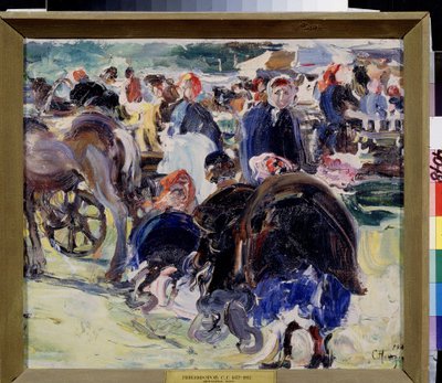 Messut (A Fair). Maakunnan markkinapaikka talonpoikaisten ja kauppiaiden kanssa. Semjon Gavrilovich Nikiforovin (1877-1912) maalaus öljy kankaalle tekijältä Semen Gavriilovich Nikiforov