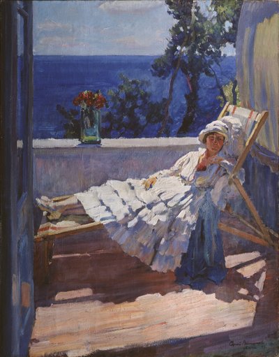 Nainen parvekkeella, 1916 tekijältä Sergei Arsenevich Vinogradov