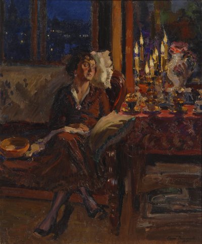 Nainen kirjan kanssa sisätiloissa, 1917 tekijältä Sergei Arsenevich Vinogradov