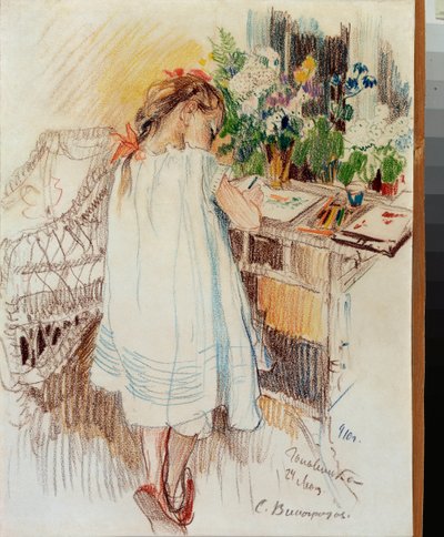 Une petite (A Little One) - Sergei Arsenjevitš Vinogradovin (1869-1938) taideteos, värikynä paperille tekijältä Sergei Arsenevich Vinogradov