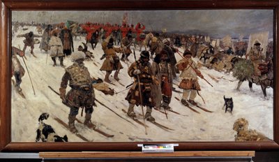 Venäjän sotilaskampanja 1500-luvulla; (Venäjän sotilaskampanja 1500-luvulla). Venäläiset soturit suksilla etenevät lumen läpi. Sergei Vasilyevich Ivanovin (1864-1910) maalaus öljy kankaalle tekijältä Sergei Ivanovich Gribkov