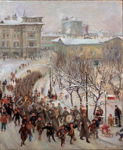 Puna-armeijan miehet. Neuvostoliiton joukkojen paraati lumen peittämän kaupungin kaduilla toisen maailmansodan aikana (1939-1945), jota edelsi marssibändi ja iloisia lapsia. Sergei Ivanovitšin maalaus tekijältä Sergei Ivanovich Markin