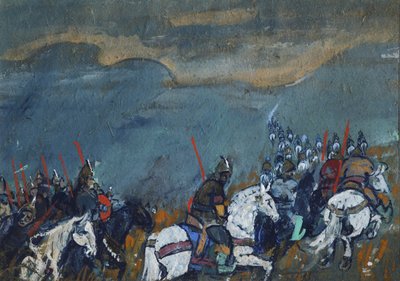 Tsaari Dodonin armeija. Kuvitus A. Pushkinin sadulle Kultainen kukko tekijältä Sergei Vasilievich Malyutin