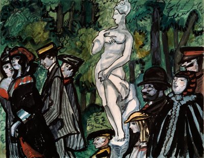 Kesäpuutarhassa. (Perheet parhaimmillaan sunnuntaina kävelyllä patsaan ympärillä Pietarissa). Sergei Jurievich Sudeykin (Serge Soudeikine) (1882-1946) työ, kynä, guassi ja muste paperille. venäläistä taidetta tekijältä Sergei Yurevich Sudeikin