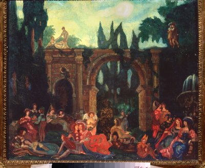 Valmisteleva sisustus Giovanni Boccaccion (Jean Boccace) näytelmään "Le Decameron" tekijältä Sergei Yurevich Sudeikin