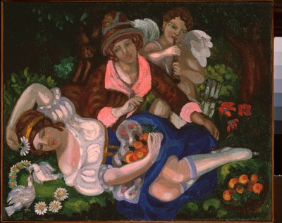 Allegorinen kohtaus. (Pari rakastajaa, parin kyyhkysen ja musiikkia soittavan Cupidon ympäröimänä). Sergei Jurievich Sudeykin (Serge Soudeikine) (1882-1946) maalaus, öljy kankaalle, noin 1910. Venäläinen taide, 1900-luku, jugend, modernismi. tekijältä Sergei Yurevich Sudeikin