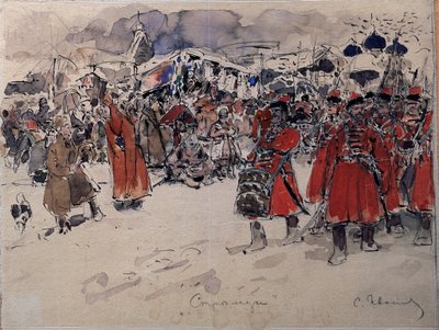 Streltsyn (tai Streletsien) joukko, venäläinen sotilaslaitos, joka oli olemassa 1500-1700-luvulla (The Streltsy). Sergei Vasilyevich Ivanovin (1864-1910) teos, akvarelli paperille, venäläinen taide, 1800-luvun loppu 1900-luvun alku. Valtion United Art Muse tekijältä Sergej Vasilevic Ivanov