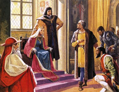 Amerigo Vespucci kuvitteli antavansa kertomuksia matkoistaan Espanjan kuningatar Isabellalle. tekijältä Severino Baraldi