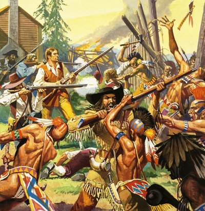 Daniel Boone puolustamassa Kentuckyn kotitilaa hyökkääviltä intiaaneilta. tekijältä Severino Baraldi