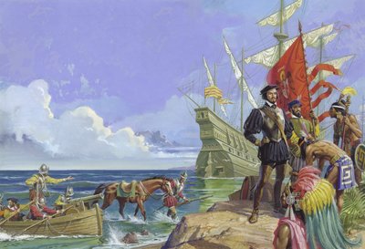 Hernando Cortes saapuu Uuteen maailmaan tekijältä Severino Baraldi