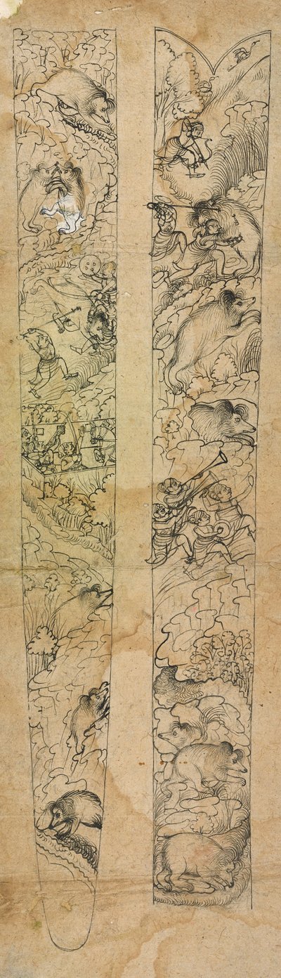 Raja metsästää villisikoja, suunnittelu huotralle, n. 1750-1760. tekijältä Shevdar Gangeyagi