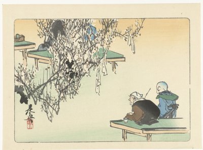 Ihailemassa luumunkukkaa Kukkien vertailut (sarjan nimi) Hana kurabe (sarjan nimi esineellä) tekijältä Shibata Zeshin