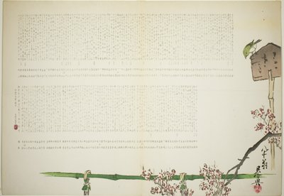 Bush Warbler istuu kyltillä bambu-aidatun luumupuutarhan vieressä tekijältä Shibata Zeshin