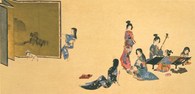 Naisryhmä virkistäytymässä, kuvitus Kokka-lehdestä. tekijältä Shibata Zeshin