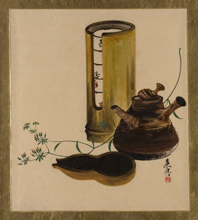 Lakkamaalauksia eri aiheista: Sencha-teesetti, 1882. tekijältä Shibata Zeshin