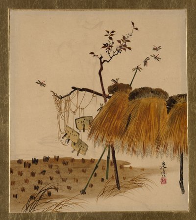Lakkamaalauksia eri aiheista: Pino riisiä ja sudenkorentoja, 1882. tekijältä Shibata Zeshin