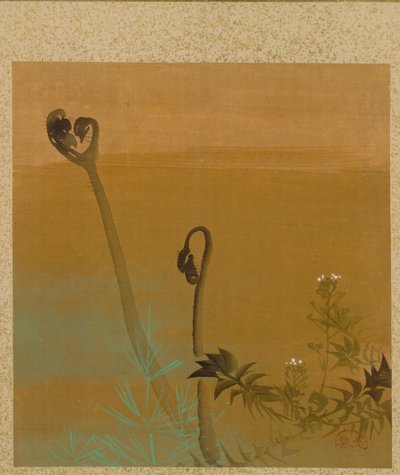 Lehti kausiteemojen albumilta: Birds in Snow, 1847. tekijältä Shibata Zeshin