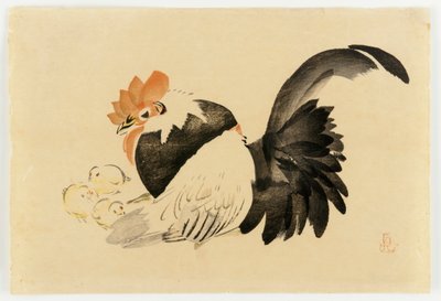 Kukko, kana ja poikaset, Meijin aikakausi, 1870-79 (värillinen puupainatus) tekijältä Shibata Zeshin
