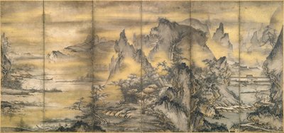 Japanese: 『式部輝忠筆 四季山水図屏風 室町時代 』 Neljän vuodenajan maisema, yksi parista, - tekijältä Shikibu Terutada