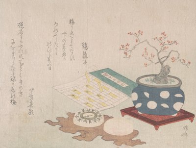 Bonsai-luumu, kompassi ja taskuaurinkokello, jossa on kalenteri, Spring Rain Surimon..., 1806. tekijältä Shinsai