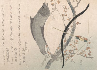 Pallakset ja jousi nuolella riippumassa luumupuussa, 1800-luku, 1800-luku. tekijältä Shinsai