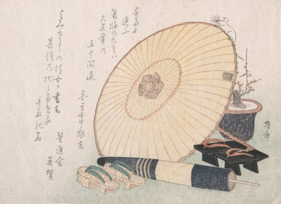 Sateenvarjot ja Geta japanilaiset puiset sandaalit, luultavasti 1816, luultavasti 1816. tekijältä Shinsai