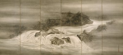 Jokimaisema tulikärpästen kanssa, 1874 tekijältä Shiokawa Bunrin