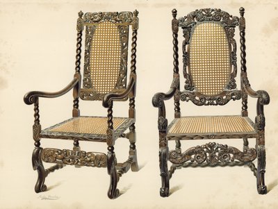 Tuoli, P Macquoidin omaisuus; Tuoli, Arthur S Copen (chromolitho) omaisuutta tekijältä Shirley Charles Llewellyn Slocombe