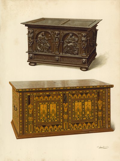 Tammiarkku, Seymour Lucasin omaisuutta; Tammi intarsiakoristeinen Nonesuch-arkku (chromolitho). tekijältä Shirley Charles Llewellyn Slocombe