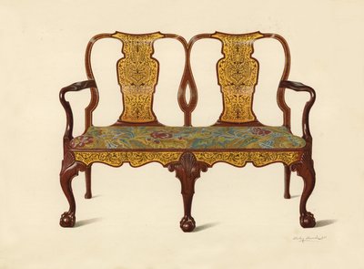 Pähkinäsohva, jossa inkrustoitu intarteri, Percy Macquoidin (chromolitho) omaisuutta tekijältä Shirley Charles Llewellyn Slocombe